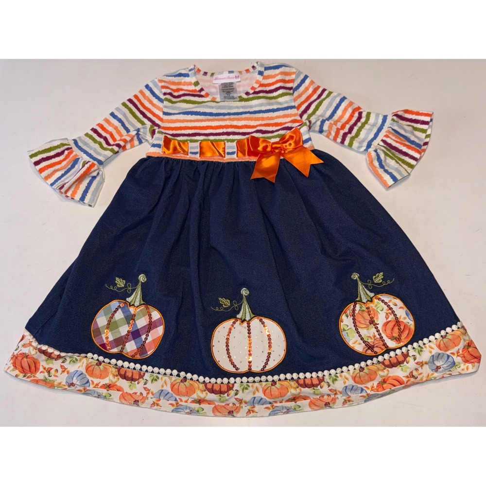 Bonnie Jean Girls Fall Pumpkin Dress Navy Blue Orange Striped Thanksgiving 5